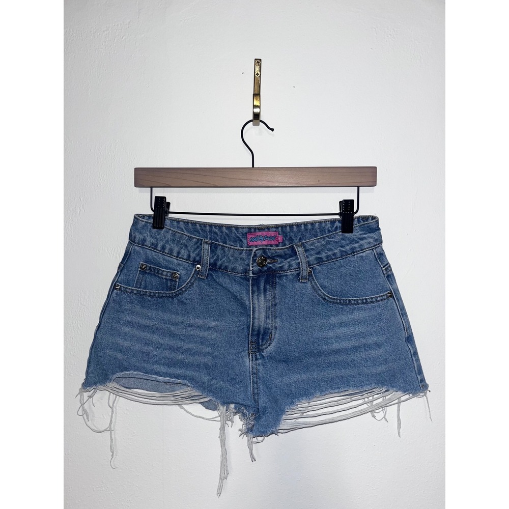 Edikted Women Medium Wash Distressed Raw Hem Denim Cut Off Jean Shorts Size S
